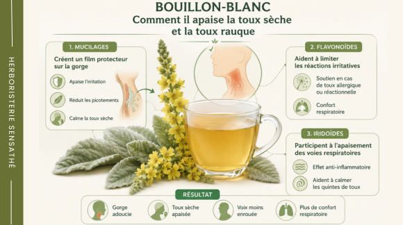 Infographie expliquant comment le bouillon-blanc aide à soulager la toux sèche et la toux rauque naturellement - Herboristerie Sensathé Infographie expliquant comment le bouillon-blanc aide à soulager la toux sèche et la toux rauque naturellement - Herboristerie Sensathé